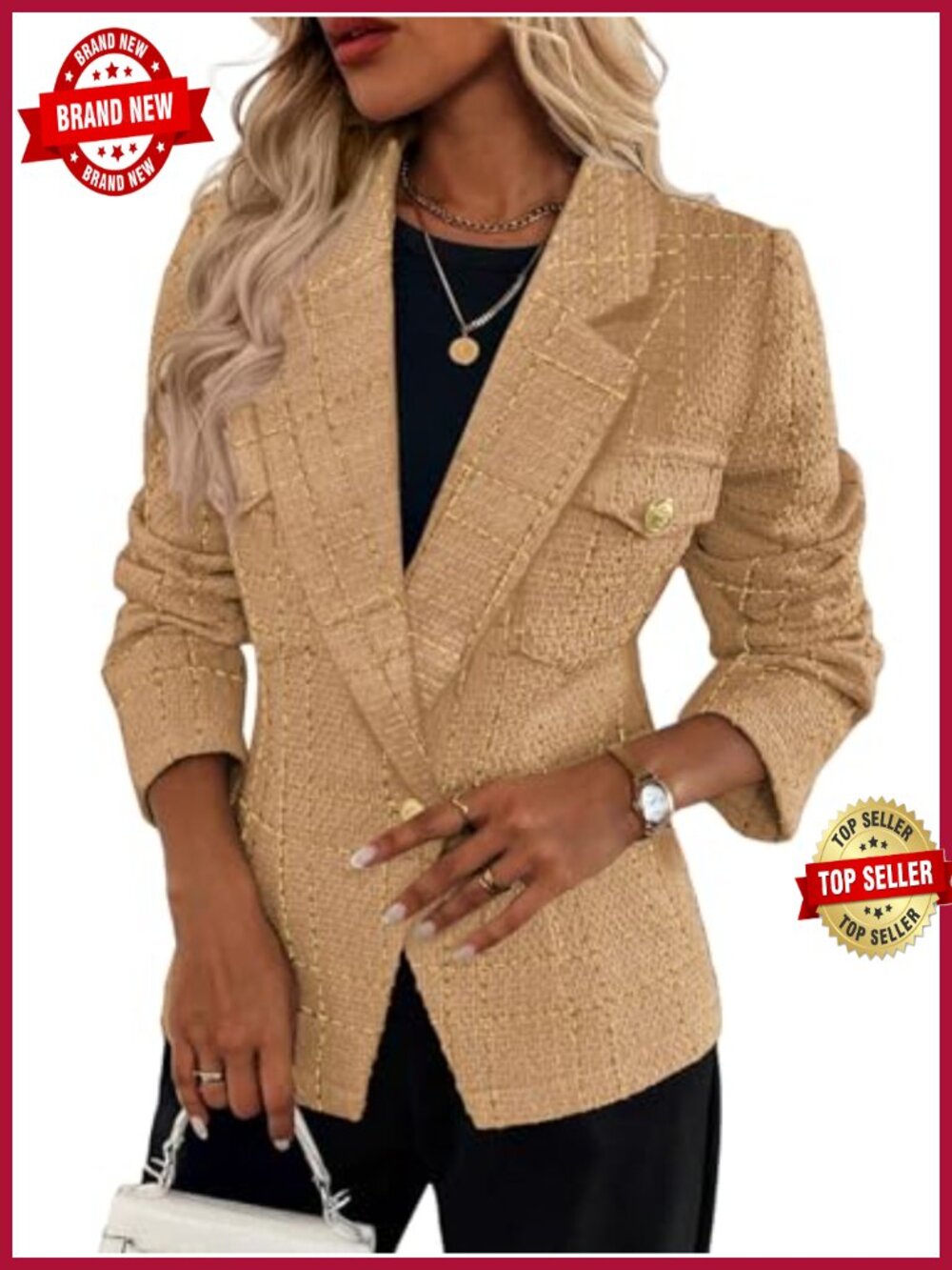 Women's Tweed Plaid Blazer Slim Fit Single Button Notch Lapel Lined Work Jacket